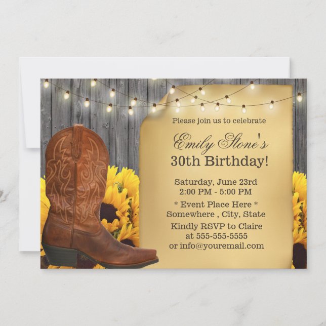 Invitation Country Sunflowers Cowgirl Grange Bois Anniversair (Devant)