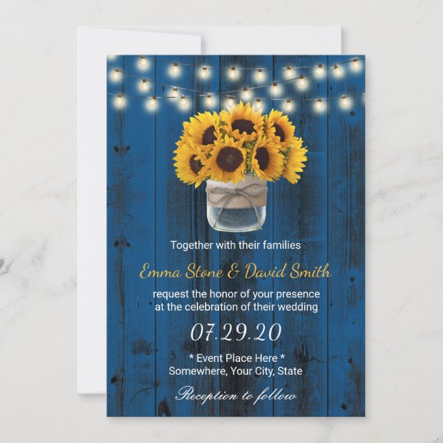 Invitation Country Sunflowers Jar Marine Blue Barne Mariage (Devant)