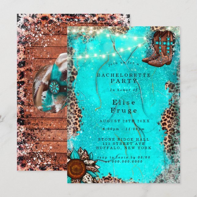 Invitation Country Turquoise Cowboy Boots Bachelorette Party (Devant / Derrière)