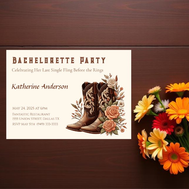 Invitation Country Western Bachelorette (Country Western-Flowers with Cowboy Boots-Bachelorette Party Invitation)