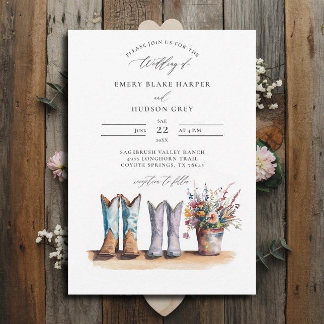 Invitation Country Western Boots Fleur sauvage Russe Mariage (country wedding invitation rustic western barn watercolor cowboy boots wildflowers calligraphy)