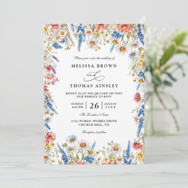 Invitation Country Wildflower Rustic Modern QR Code Wedding (Debout devant)