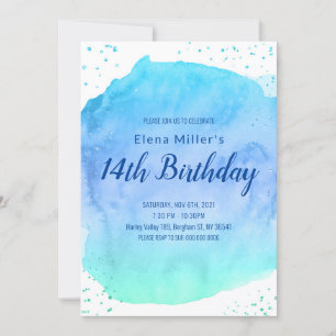Invitation Coup de pinceau aquarelle bleu doré pailleté 