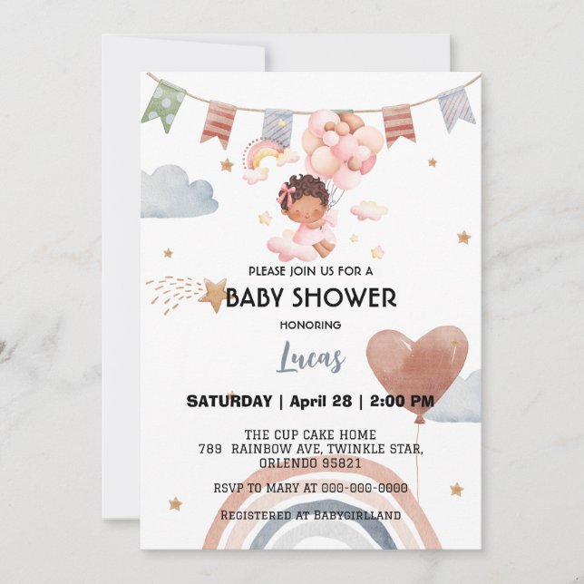 Invitation Coupe afro arc-en-ciel étoile ballon baby shower (Devant)