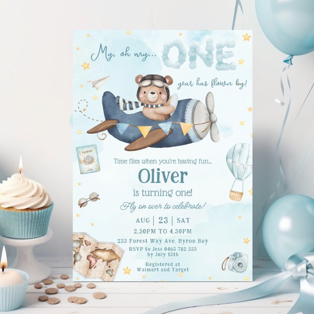 Invitation Coupe Bear Blue Plane Time Vol Un 1er anniversaire (Créateur téléchargé)