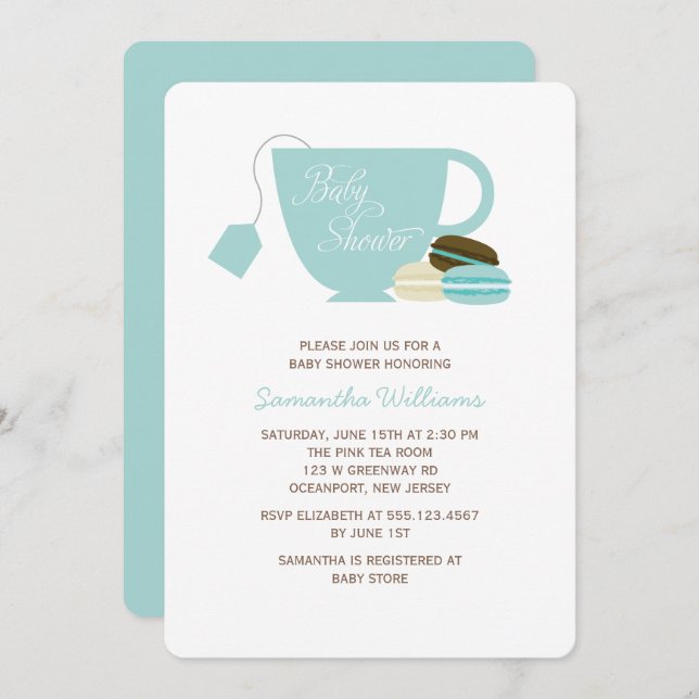 Invitation Coupe Blue Tea Cup et Baby shower Macarons (Devant / Derrière)