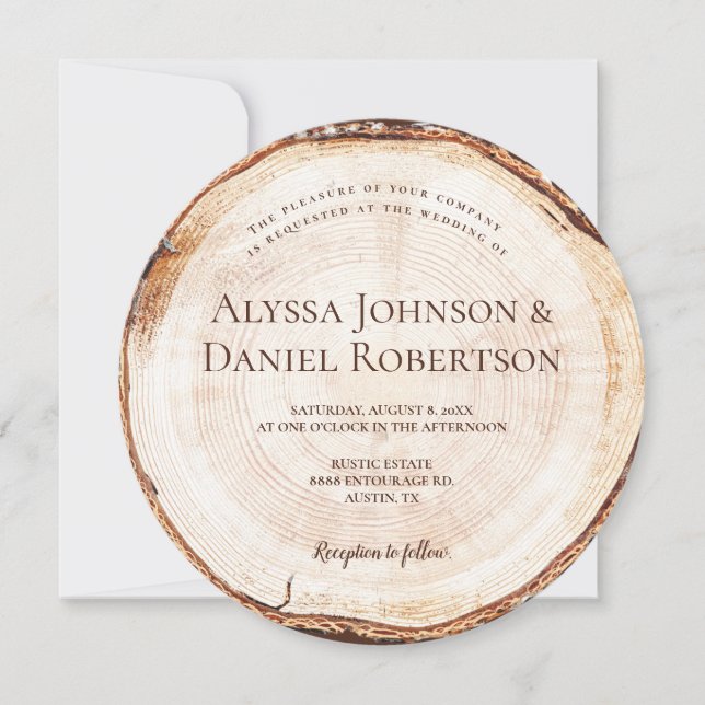 Invitation Coupe de bois Mariage rustique tranche unique pers (Devant)