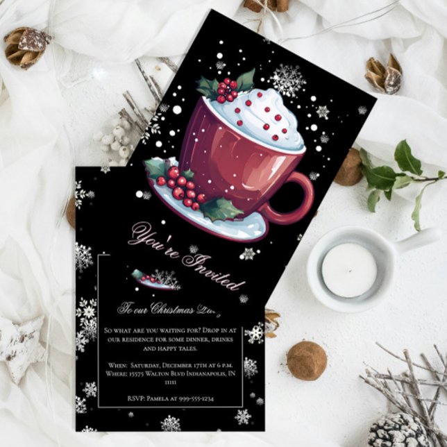 Invitation Coupe de Noël Hot Chocolate Fête Noir (Christmas cup of hot chocolate holiday party invitation)