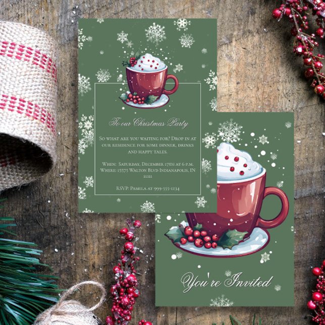 Invitation Coupe de Noël Hot Chocolate Fête Vert (Green Christmas Cup of Hot Chocolate Party Invitation)
