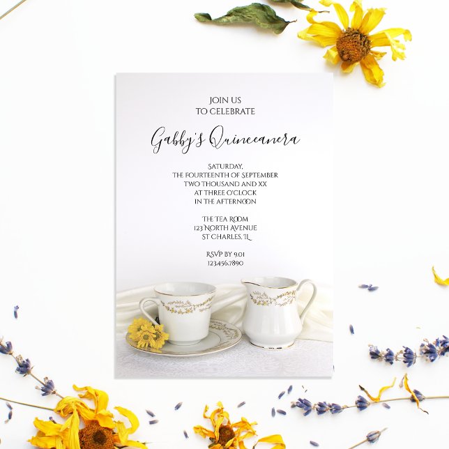 Invitation Coupe de thé et marguerites jaunes Quinceanera Par (Créateur téléchargé)