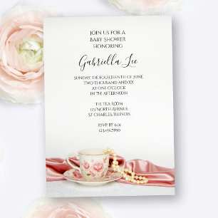 Invitation Coupe de Thé Floral rose avec Baby shower Pearls