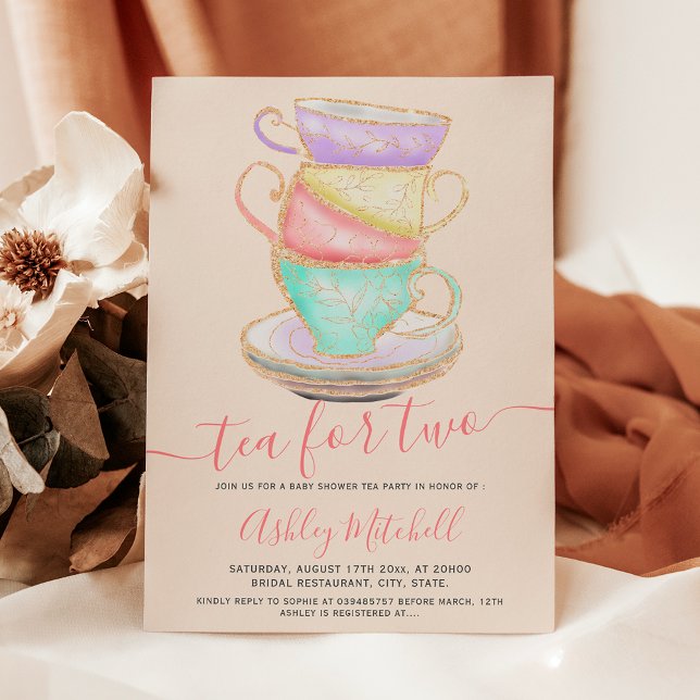 Invitation Coupe de thé parties scintillant or aquarelle baby (Gold glitter tea cup watercolor chic baby shower invitation)