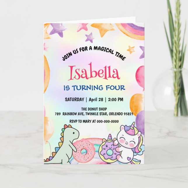 Invitation Coupe Donuts Dino Unicorn Anniversaire Rainbow Par (Devant)