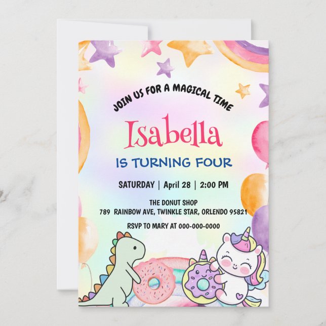 Invitation Coupe Donuts Dino Unicorn Anniversaire Rainbow Par (Devant)