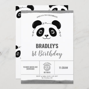 Carte invitation anniversaire panda à gratter noir et blanc avec photo