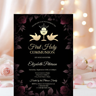 Invitation Coupe Roses Rouge Foncé Première Sainte Communion