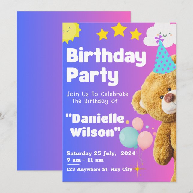 Invitation Coupe Teddy Bear Enfants Star Anniversaire cadeaux (Devant / Derrière)