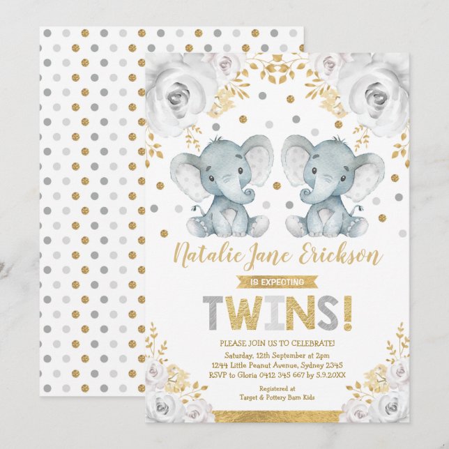 Invitation Coupe Twins Elephant Baby shower Albâtre Floral (Devant / Derrière)