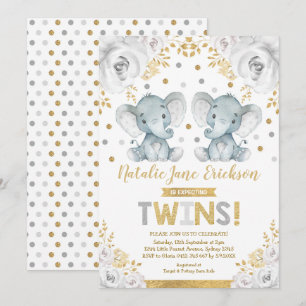 Invitation Coupe Twins Elephant Baby shower Albâtre Floral