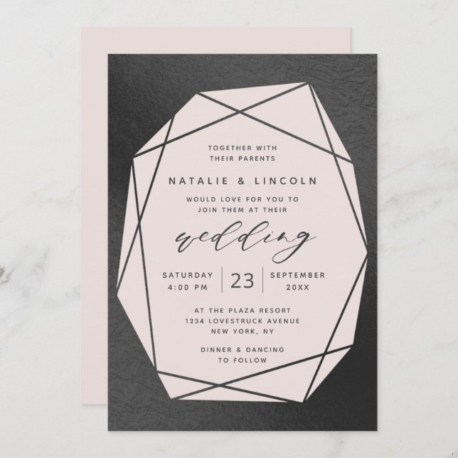Invitation Couper Gemstone Blush Pink & Black Foil Mariage (Devant / Derrière)