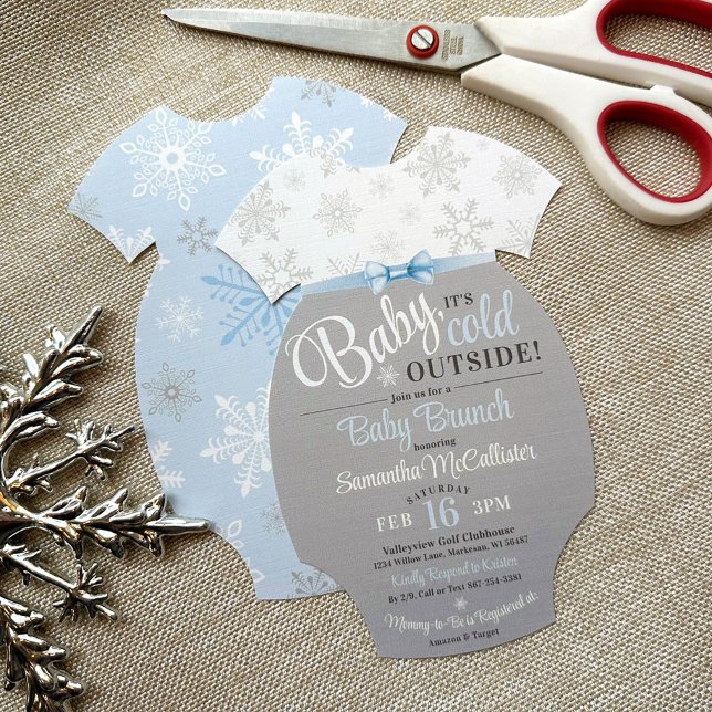 Invitation Couper votre propre maillot de bain Bleu Snowflake (Snowflake winter baby boy shower DIY bodysuit shape invitation, blue & gray, printed ribbon bow)
