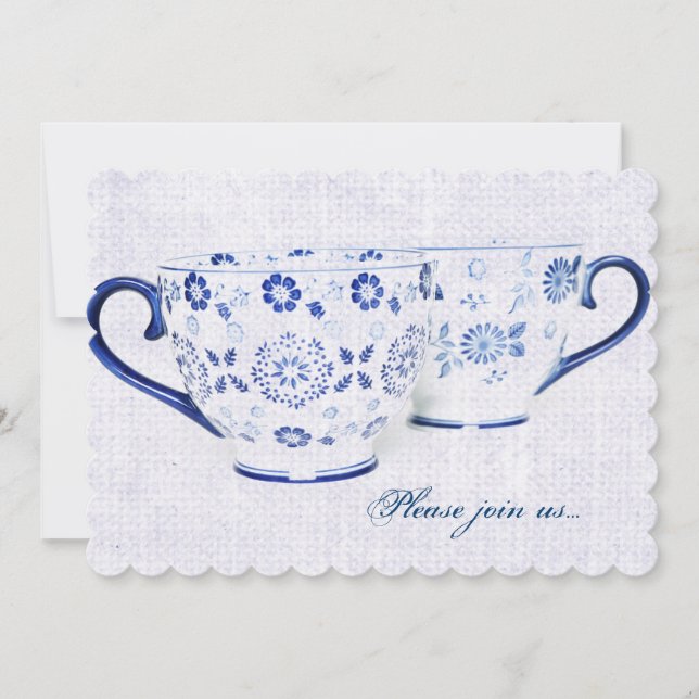 Invitation Coupes de thé motif bleu cobalt classique (Devant)