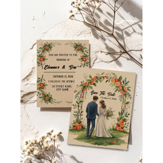 Invitation Couple aquarelle de verger d'agrumes capricieux or