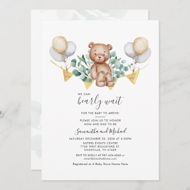 Invitation Couple Baby shower Eucalyptus Ours vert Script (Devant / Derrière)