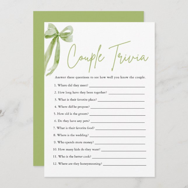 Invitation Couple Bow Trivia Trivia jeu de Fête des mariées (Devant / Derrière)
