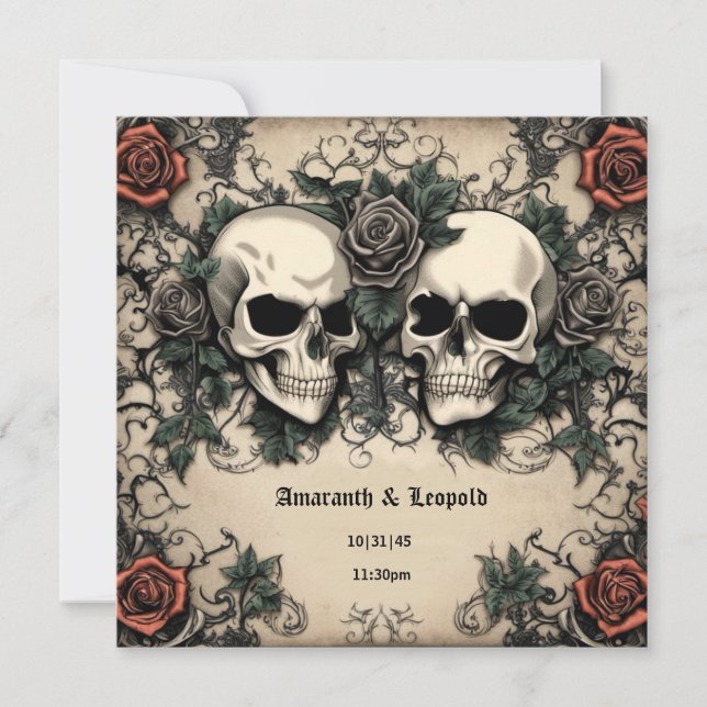 Invitation Couple crâne avec Mariage gothique Rose d'Hallowee (Devant)