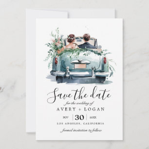 Invitation couple dans une voiture vintage aquarelle save the