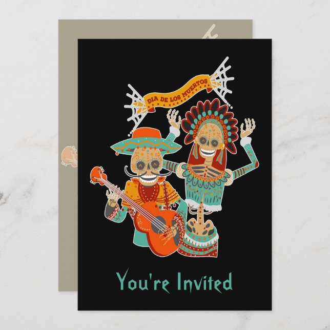 Invitation Couple de crâne de sucre Dia de los Muertos Invita (Devant / Derrière)
