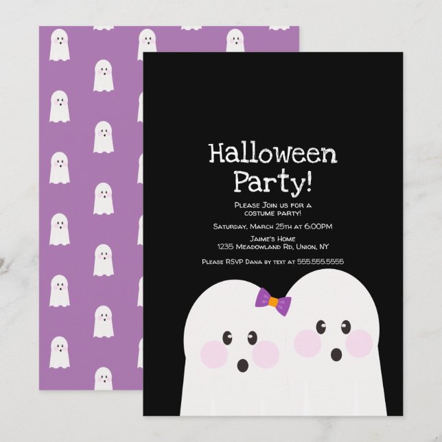 Invitation Couple de fantômes mignons Halloween soirée noir v (Devant / Derrière)