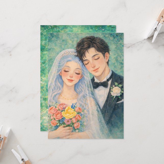 Invitation Couple de mariage romantique Illustration aquarell (Devant/Arrière en situation)