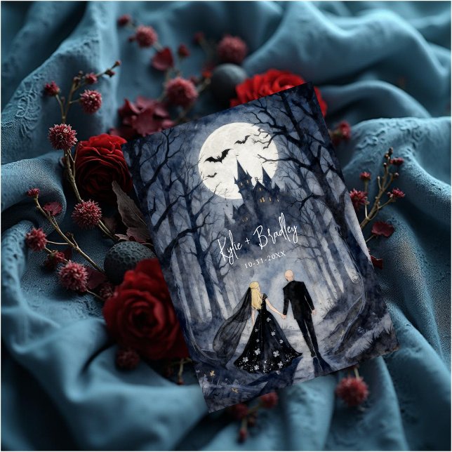 Invitation Couple de mariage unique en forêt gothique au chât (Unique Gothic Forest Wedding Couple Haunted Castle Invitation Card Design.)