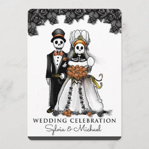 Invitation Couple de squelette noir blanc orange d'Halloween