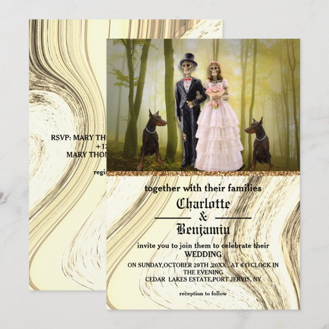 Invitation Couple de squelettes de Halloween Mariage gothique (Devant / Derrière)
