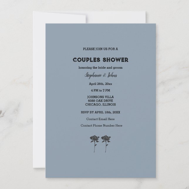 Invitation Couple Douche Dusty Bleu Noir Floral Mariage (Devant)