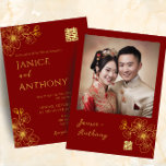 Invitation Couple floral ligne mariage chinois photo rouge<br><div class="desc">Rendez votre cérémonie de thé chinois et chinois plus unique en personnalisant la papeterie mariage avec votre propre photo de mariage ! Le design moderne de fleurs de cerisiers avec le double bonheur chinois incarne la beauté et l'élégance des traditions chinoises. Impressionnez vos invités en personnalisant les invitations avec vos...</div>