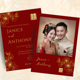 Invitation Couple floral ligne mariage chinois photo rouge