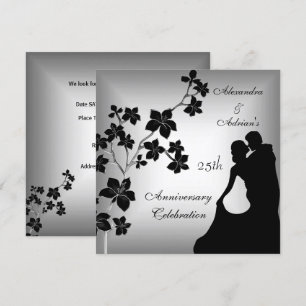 Invitation Couple Floral Noir Argenté Asiatique 25e Anniversa