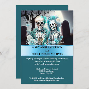 Invitation couple gothique aqua bleu squelette mariage