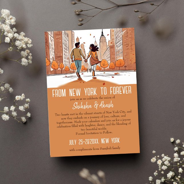 Invitation couple indien à New York unique enregistrer la dat (from New York to forever Indian save the date invitation unique romantic save the date )