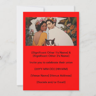 Invitation Couple interracial art mariage floral avec chat