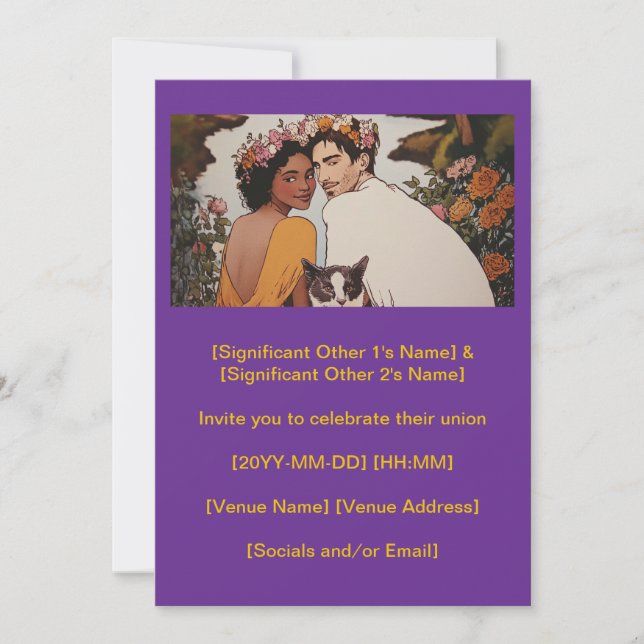 Invitation Couple interracial violet art floral avec chat (Devant)