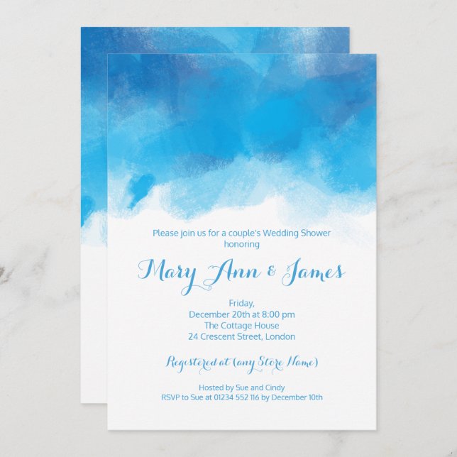 Invitation Couple Wedding shower Eté bleu aquarelle (Devant / Derrière)