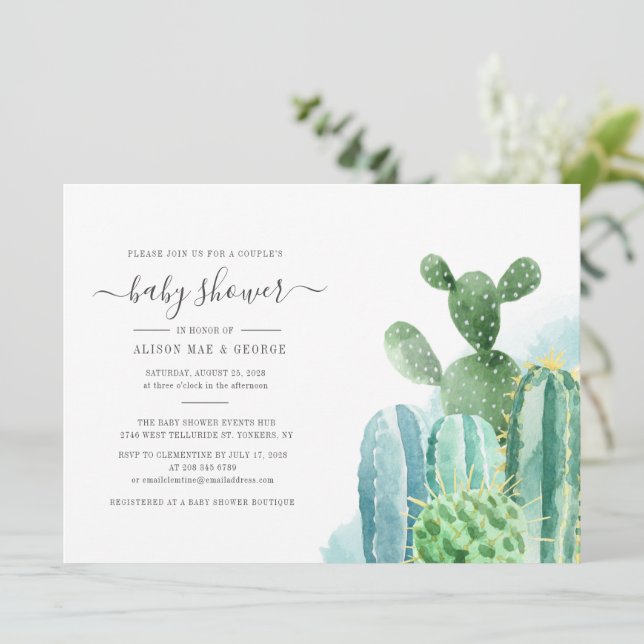 Invitation Couples Baby shower Aquarelle Cactus Boho Script (Debout devant)
