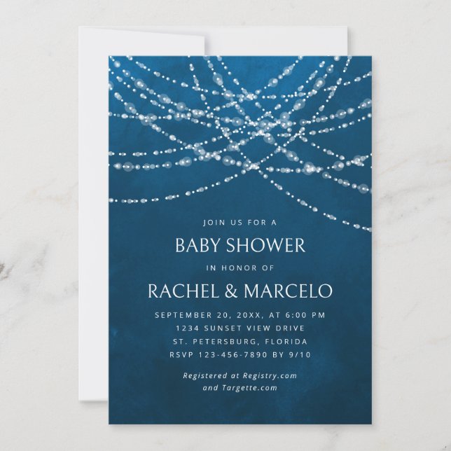 Invitation Couples Baby shower Chaîne Lumières Bleu (Devant)
