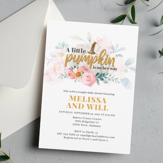 Invitation Couples Baby shower Citrouille Aquarelle Floral (Little Pumpkin Couples Floral Baby Shower Invitation)