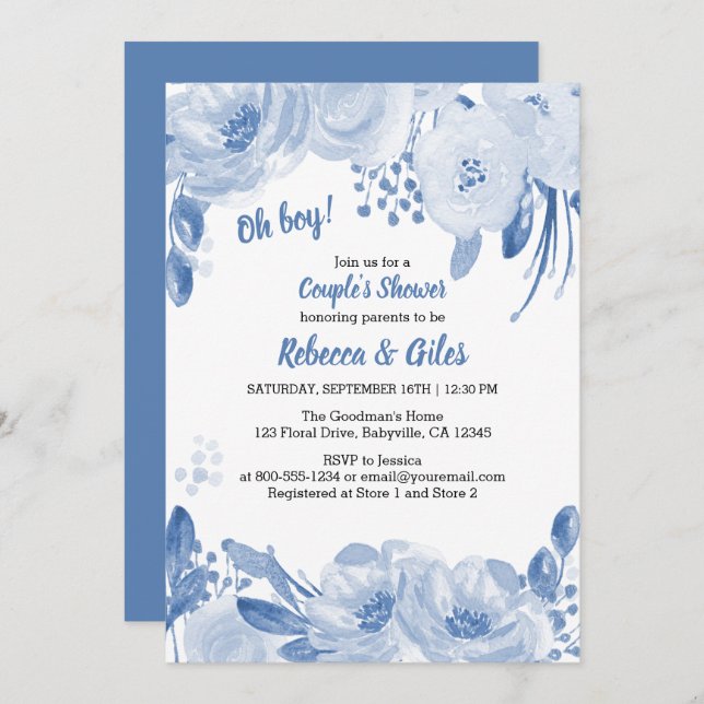 Invitation Couples Baby shower Dusty Blue Floral Aquarelle (Devant / Derrière)